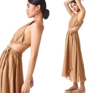 NEW ALICE + OLIVIA Faith Braided Cut Out Open Back Midi Dress Size‎ 6 Tan Linen